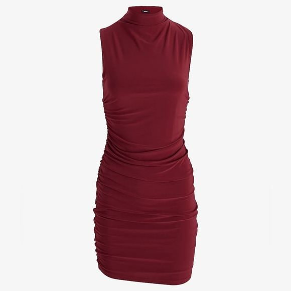 Express Mock Neck Sleeveless Ruched Mini Dress in Ruby Red Berry Bon Bon Size M - Picture 11 of 14